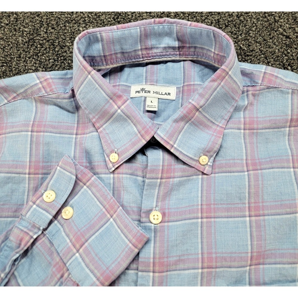 Peter Millar Crown Soft Shirt Mens Large Blue Plaid Cotton Silk Button Down